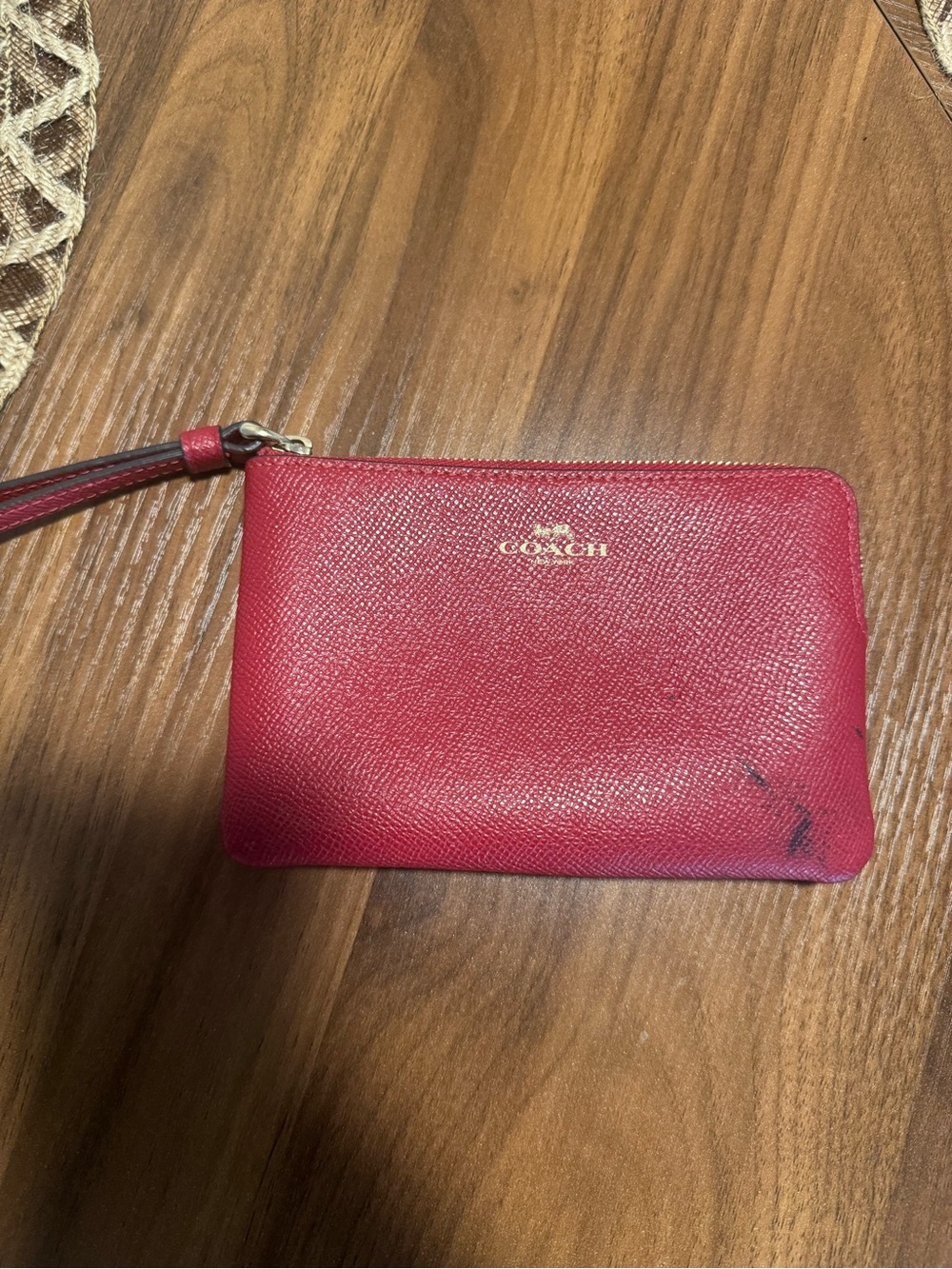 Coach Pink-Red Leather Zip Wristlet with Gold Logo